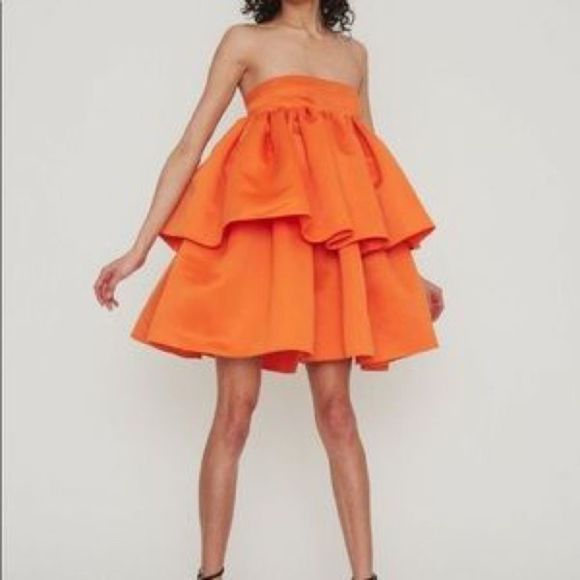 ROTATE BIRGER CHRISTENSEN CARMINA RUFFLED SATIN MINI DRESS IN ORANGE - Picture 9 of 16